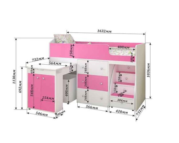 Кровать-чердак Малыш 1600 Белое дерево/Розовый